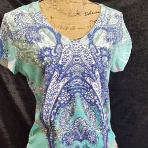 Blue and teal scrunch sides top with rhinestones.